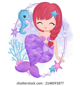 Cute little mermaid in watercolor illustration