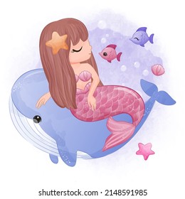 Cute little mermaid in watercolor illustration