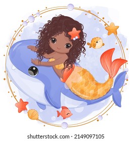 Cute little mermaid in watercolor illustration