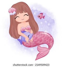 Cute little mermaid in watercolor illustration