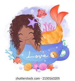 Cute little mermaid in watercolor illustration