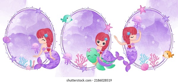 Cute little mermaid in watercolor illustration