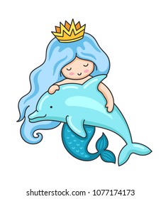Cute little mermaid with wavy long blue hair and dolphin. Vector illustration.