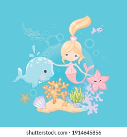 Cute little mermaid and whale vector clip art on blue ocean background