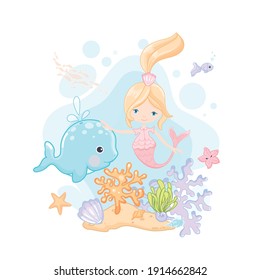 Cute little mermaid and whale vector clip art on white background