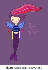 Cute little mermaid with wings. Siren. Sea theme. Vector illustration. 