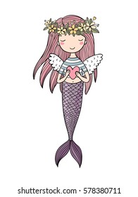 Cute little mermaid with wings. Siren. Sea theme. isolated objects on white background. Vector illustration.