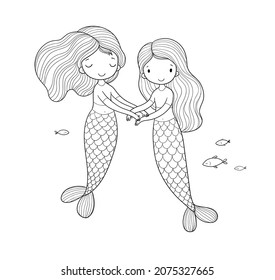 Cute little mermaids. cartoon girls with fish tails. Marine theme. illustration for coloring books 