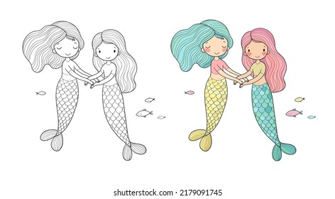 Cute little mermaids. cartoon girls with fish tails. Marine theme. Illustration for coloring books. Monochrome and colored versions. Worksheet for children and adults 