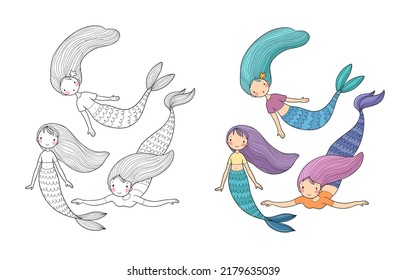 cute little mermaids. cartoon girls with fish tails. Marine theme. vector illustration 