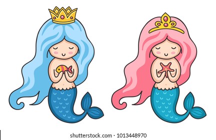 Cute little mermaids with long beautiful hair and crown. Vector illustration.