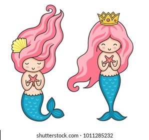 Cute little mermaids with pink hair. 