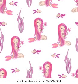 Cute little mermaids seamless pattern. Vector background for kids design.