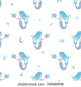 Cute little mermaids seamless pattern. Vector blue background for kids design.