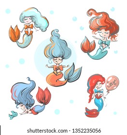 Cute little mermaids set. Vector illustration for kids