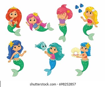 Cute little mermaids set. Vector illustration for kids