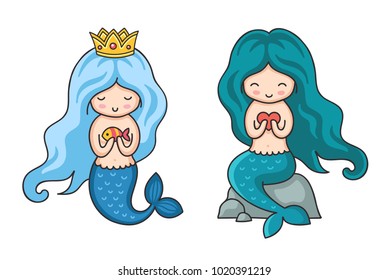 Cute little mermaids with turquoise and dark green hair. Syren, sitting on a rock. Cartoon vector illustration.