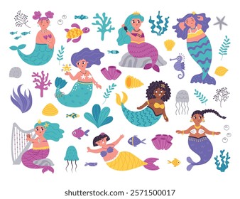 Cute little mermaids. Underwater princesses, fairytale girls with fish tails and shell bras, marine elements, cartoon characters, vector set