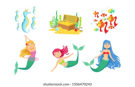 Cute Little Mermaids and Underwater World Elements Set, Fairytale Princess, Chest of Gold, Seahorses, Fishes Vector Illustration