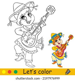 Cute little mexican boy with guitar. Halloween concept. Coloring book page for children with colorful template. Vector cartoon illustration. For print, preschool education and game