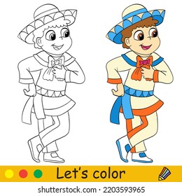 Cute little mexican boy in national costume. Halloween concept. Coloring book page for children with colorful template. Vector cartoon illustration. For print, preschool education and game