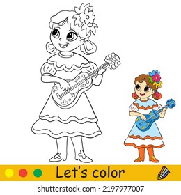 Cute little mexican girl with guitar. Halloween concept. Coloring book page for children with colorful template. Vector cartoon illustration. For print, preschool education and game