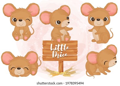 Cute little mice in set in watercolor illustration