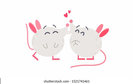Cute little mice together flat vector illustration. Adorable 2020 new year mascots. Small kawaii animals isolated on white background. Creative cartoon sticker with funny romantic rats