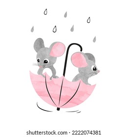 Cute little mice in umbrella. Vector mouse illustration.