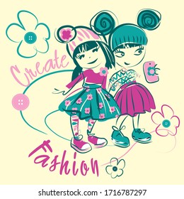 Cute little models vector character illustration. Create fashion collection