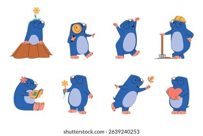 Cute little mole cartoon characters enjoying different activities isolated set on white. Adorable funny animal digging ground, discovering nature, reading, rejoicing wild life vector illustration