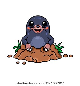 Cute little mole cartoon comes out from of the hole