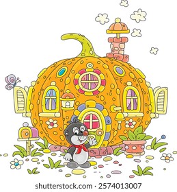 Cute little mole near its cosy small house made from a large pumpkin in a vegetable garden, vector cartoon illustration on a white background