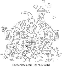 Cute little mole near its cosy small house made from a large pumpkin in a vegetable garden, black and white vector cartoon illustration for a coloring book