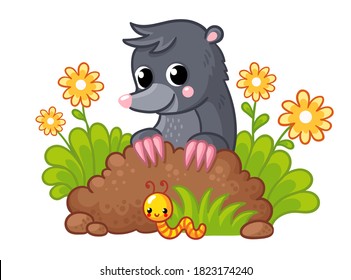 Cute little mole peeks out of the burrow. Vector illustration with animal in cartoon style.