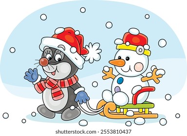 Cute little mole pulling a sledge with a small toy snowman on a snowy winter day, vector cartoon illustration on a white background