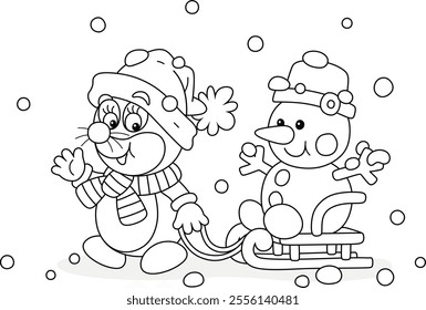 Cute little mole pulling a sledge with a small toy snowman on a snowy winter day, black and white outline vector cartoon illustration for a coloring book