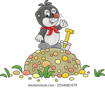 Cute little mole with a spade above an entrance to its hole in a summer garden, vector cartoon illustration on a white background