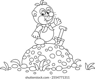 Cute little mole with a spade above an entrance to its hole in a summer garden, black and white outline vector cartoon illustration for a coloring book