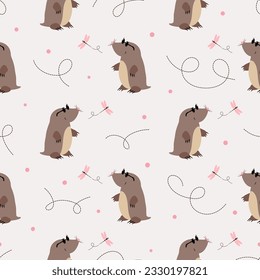 Cute little moles pattern. Vector cartoon animals illustration for kids