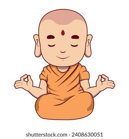 Cute little monk character . Flat vector cartoon design little monk meditation cartoon characater