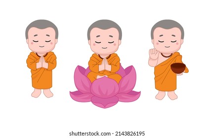 Cute little monk character in various pose set. Flat vector cartoon design