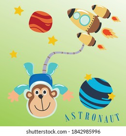 Cute little monkey Astronaut in space wearing space suits with cartoon style. Creative vector childish background for fabric, textile, nursery wallpaper, poster, card, brochure. vector illustration.