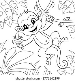 Cute little monkey with banana. Black and white vector illustration for coloring book