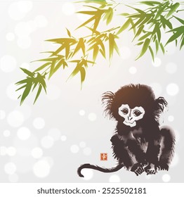 Cute little monkey beneath green bamboo tree on white shimmering background. Minimalist sumi-e painting. Hieroglyph - happiness