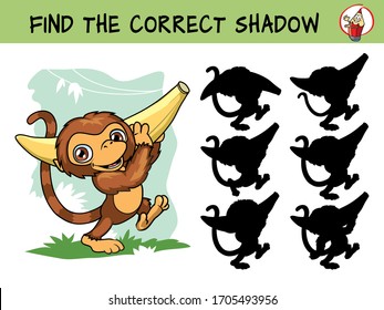 Cute little monkey carries a banana. Find the correct shadow. Educational matching game for children. Cartoon vector illustration