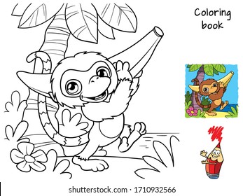 Cute little monkey carries a banana. Coloring book. Cartoon vector illustration