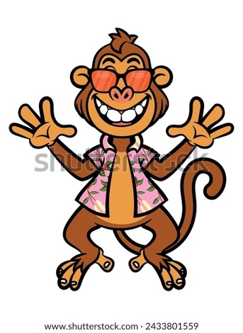 Cute Little Monkey Cartoon Characters wearing sunglasses and summer shirt with flowers pattern. Best for mascot, logo, and sticker with summer themes