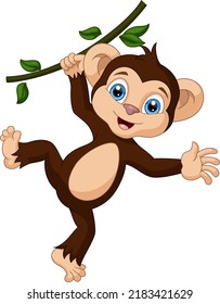 Cute little monkey cartoon hanging on tree branch