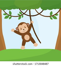 Cute little monkey cartoon over a natural landscape cartoon - Vector